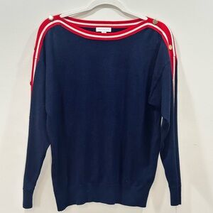 Charter Club Sweater Medium Navy Blue Red White Stripe Button Sleeve Boat Neck